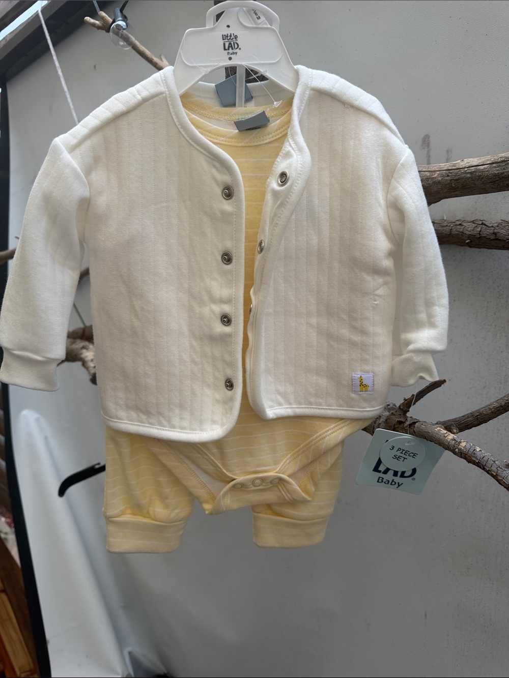 Little LAD Baby Cream Quilted Jacket & Yellow Stripe Bodysuit Set